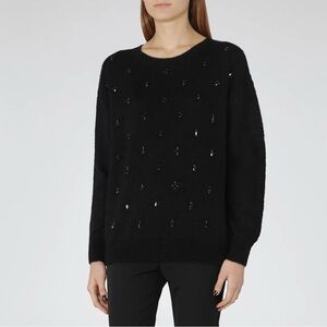 Reiss Black Kimber Embellished Knit Jumper Sweater Acrylyc Nylon Mohair M